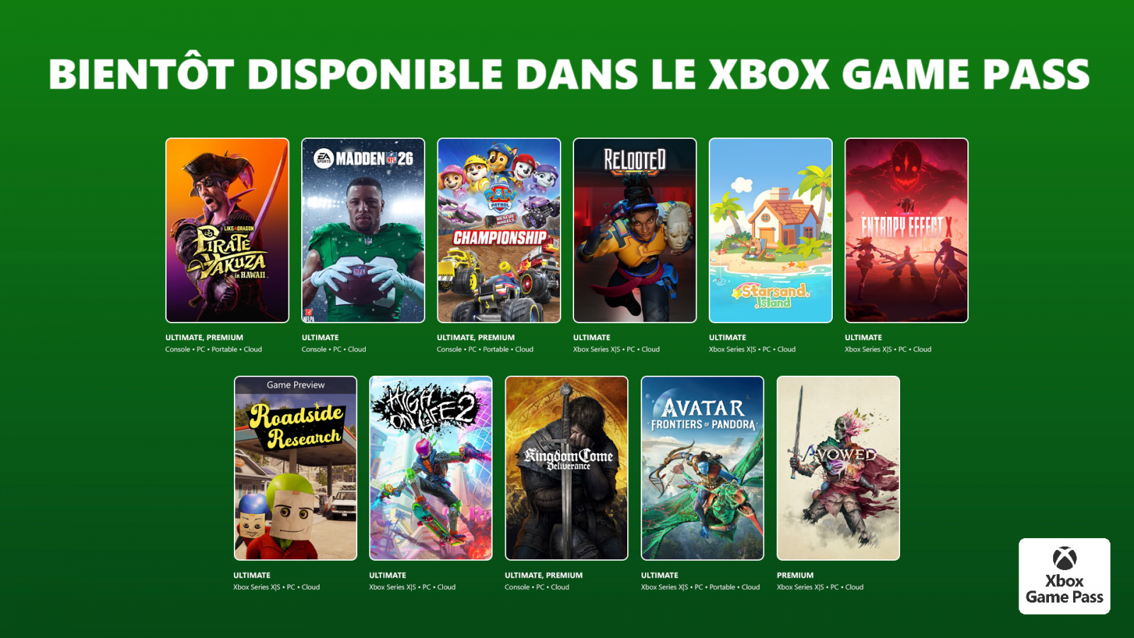 Xbox Game Pass - Jeux du début de mois de février 2026